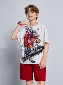 Tween Boy Two Pieces Set Of Loose Fit Cartoon Character Patterned Short-Sleeved Shirt And Shorts