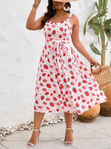 SHEIN SunnyBelle 大码夏季无袖草莓印花复古法式宽肩带连衣裙度假海滩装女装 - 彩色 - 查看 5