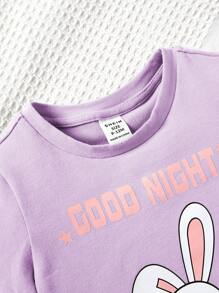 SHEIN Baby Girl Casual And Cute Pajamas Homewear Set With Cartoon Printed Patchwork Design And Ruffle Trim In Loose Fit - Purple - View 4