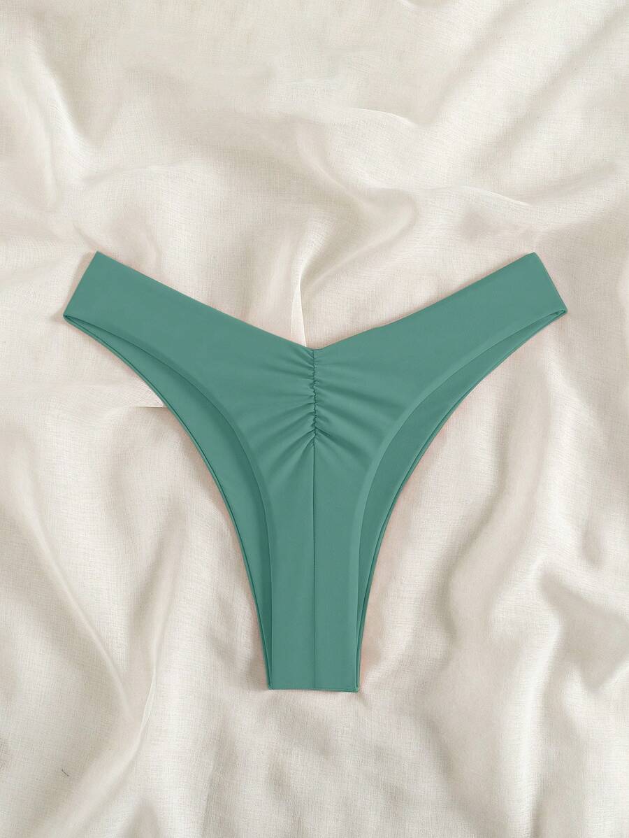 SHEIN Swim 夏季海灘純色性感褶皺比基尼下著 - 綠色 - 查看 1