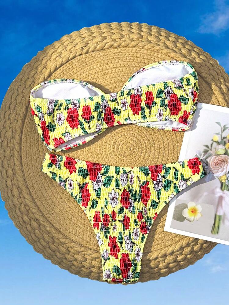 Women's Floral Print Bandeau Bikini Set, Detachable Halter Strap, Wire Free, Ideal For Vacation Summer