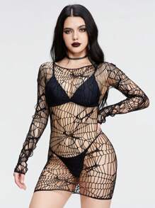 ROMWE Goth 女式哥德風格性感內衣長袖魚網上衣 - 黑色 - 查看 5