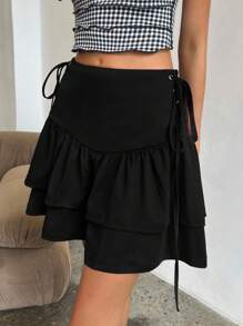 SHEIN Privé Falda de verano de moda para mujeres con cinturón de lazo cruzado lateral y dobladillo con volantes