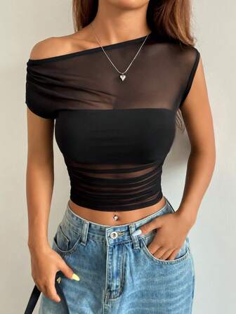 Flirla 網片拼接褶皺不對稱領口上衣