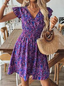 Breezaya Spring/Summer Floral V-Neck Dress With Shirred Waist, Ruffle Trim And Short Flounce Sleeves