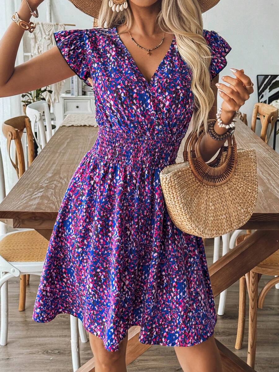 Breezaya Spring/Summer Floral V-Neck Dress With Shirred Waist, Ruffle Trim And Short Flounce Sleeves
