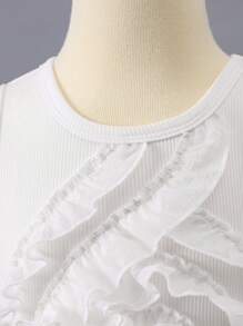 SHEIN 年輕女孩實色圓領肋紋背心，附有補丁裝飾 - 白色 - 查看 4