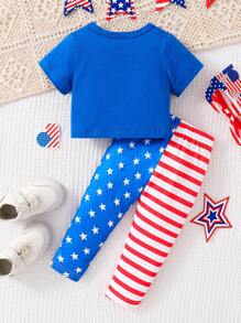 Set di top a maniche corte a forma di cuore e pantaloni aderenti con stampa della bandiera americana per ragazze bambine per il Giorno dell"Indipendenza