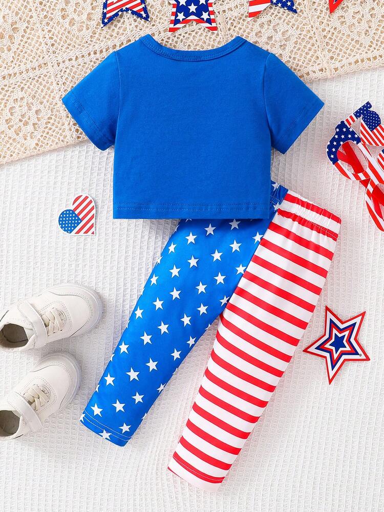 Baby Girls' Heart-Shaped Independence Day American Flag Printed Short Sleeve Top And Tight Pants Set