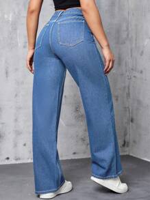 SHEIN EZwear 女性時尚純色寬鬆牛仔長褲 - 中等水洗藍 - 查看 2
