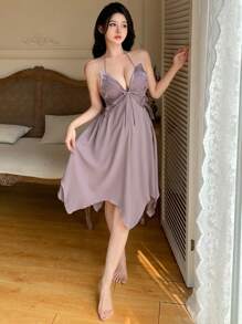 DAZY Butterfly Embroidery Backless Sexy Nightgown Pajama - Purple - View 3