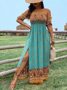 Breezaya Plus Size Plant Print Shirred Bodice Off Vai Dress - Nhiều màu - Xem 6