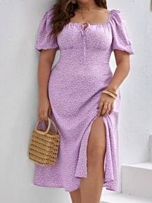 SHEIN VCAY 大尺碼女性時尚花卉印花泡泡袖連衣裙 - 紫色 - 查看 5