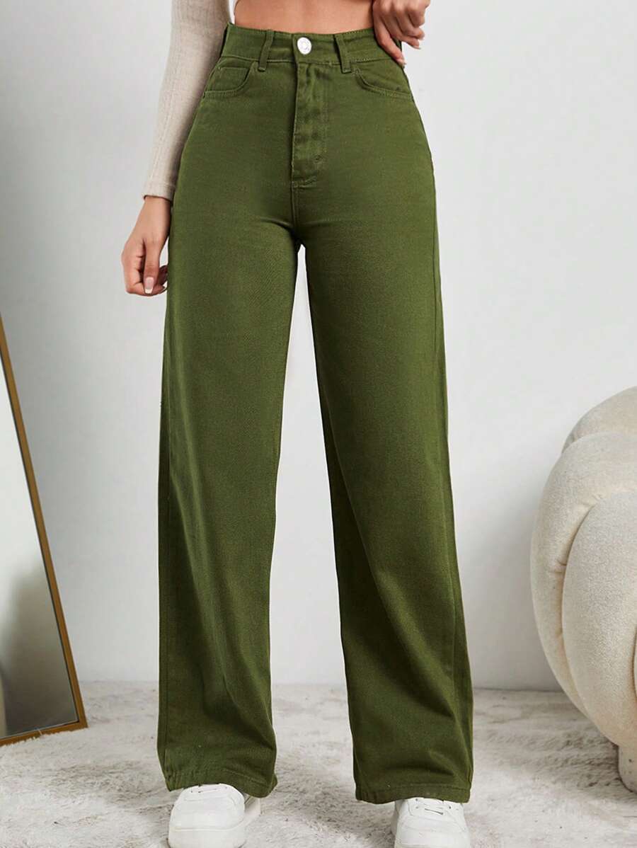 EURMUSE Solid Color Straight High Waisted Jeans - Green - View 1