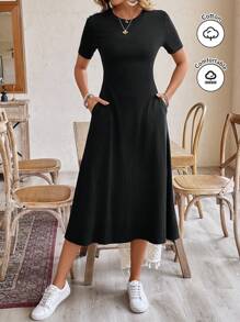 SHEIN Frenchy Women Earthy Clothes Work Women Dresses Mother Day Dress Casual Short-Sleeve Round Neck Summer Black Long Dress,Commute,Office,Old Money,Simple,Minimalist,Summer Dresses For Women
