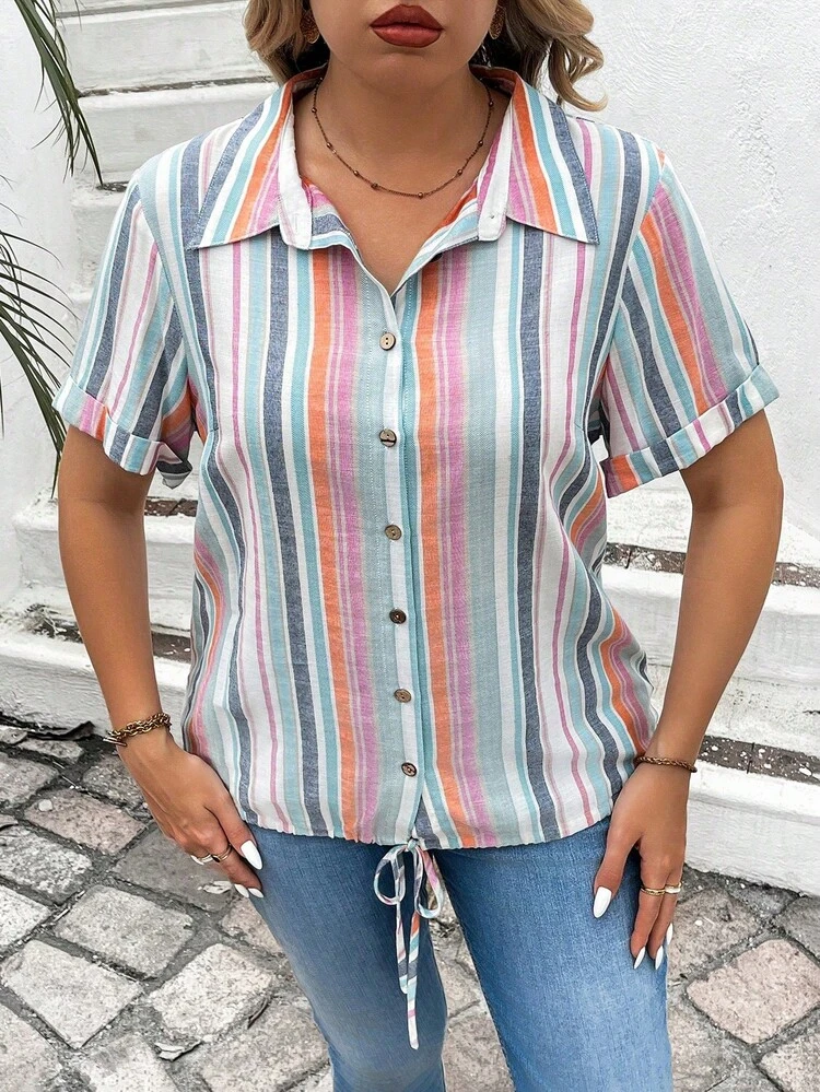 Plus Size Turn-Down Collar Striped Print Casual Spring/Summer Short Sleeve Shirt