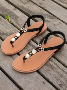 Sandalia plana de mujer de verano, Sandalia tejida, Sandalias ligeras y antideslizantes hechas a mano con cuentas, Sandalias de vacaciones bohemias para playa.