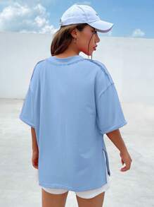 SHEIN EZwear Camiseta de punto de dama en azul cielo con cuello en V y bolsillo con lazo - Celeste - Ver 2