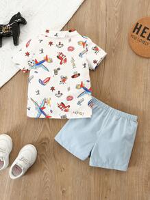Baby Boys" Cartoon Turn-Down Collar Polo Shirt Short Sleeve And Shorts Set With Pockets - Multicolor - View 2