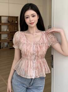 DAZY Women Ruffle Hem All-Over Print Summer Shirt Babydoll Top