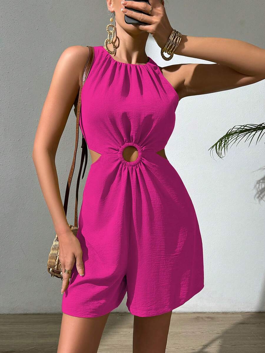Chiquease Green Women Jumpsuit With Halter Neck, Hollow-Out Waist, Ruffled Texture Fabric - Hot Pink - View 1