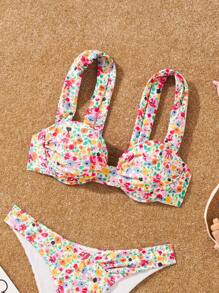 Swim Mod Small Flower Print Bikini Set With Detachable Padded Cups, Underwire And Beach Design For Summer,Summer Beach - Multicolor - View 5