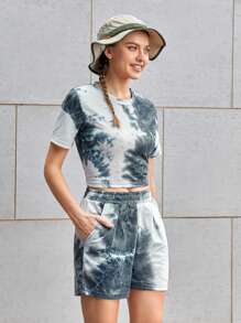 Streetz SHEIN Sport Jersey & Street Swear Tie-Dye Casual Short Sleeve Shorts Sportswear Set - Black and White - View 4