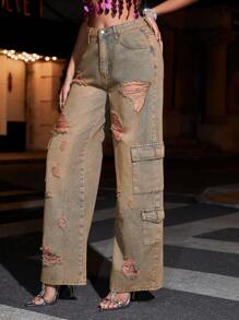 SHEIN BAE Leisure Water Wash Retro Distressed Straight-Leg Workwear Jeans