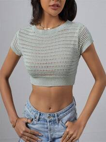 SHEIN Unity Áo dệt kim với thiết kế khoét rỗng, thời trang và đa năng cho mùa hè - Màu xanh nhạt - Xem 4