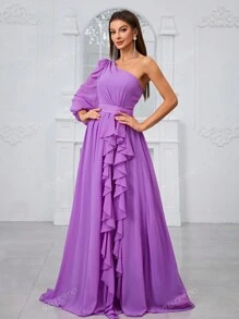 YISIKADO Women'S One Shoulder Lantern Sleeve Ruffle Trim Decor Bridesmaid Dress