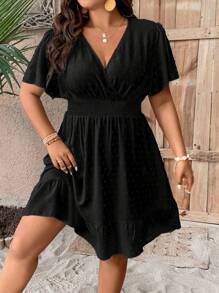 SHEIN Plus Size V-Neck Ruffle Trimmed Waist Cinching Casual Spring Summer Dress - Black - View 4