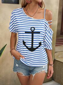 SHEIN LUNE 夏季休閒條紋錨印花不對稱領T恤（隨機顏色）