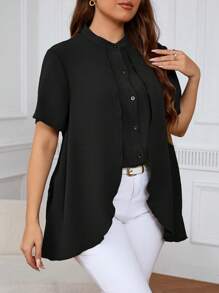 SHEIN Frenchy Plus Size Nữ Mùa Hè Màu Trơn Cổ Áo Đứng Viền Bất Đối Xứng Tay Ngắn Sơ Mi - màu đen - Xem 3