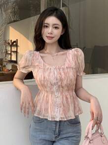 DAZY Women Ruffle Hem All-Over Print Summer Shirt Babydoll Top