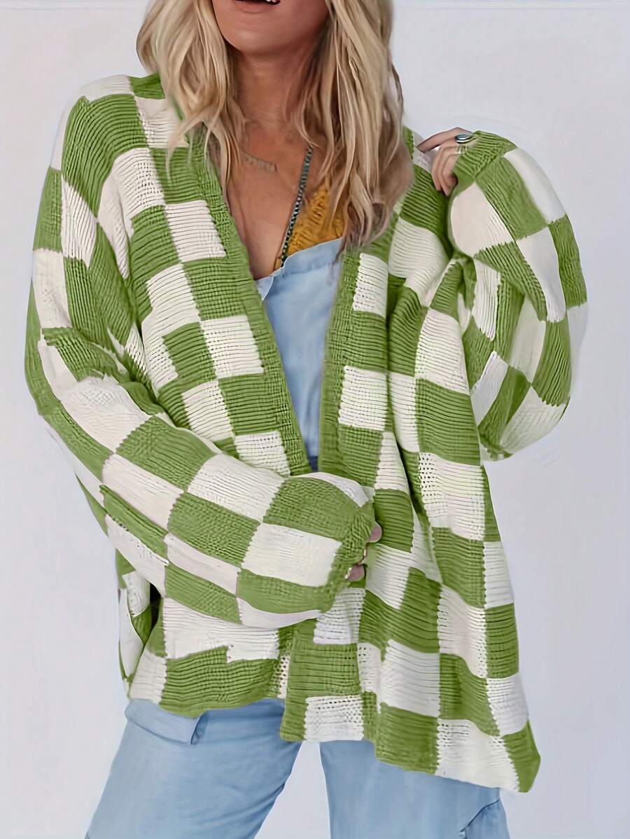 EMERY ROSE Dual-Color Plaid Knitted Long Sleeve Cardigan Sweater - Lime Green - View 1