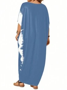 EMERY ROSE Vestido largo de talla grande de tipo capa con mangas de murciélago, en estilo patchwork y bloques de color, para uso casual y de vacaciones - Azul y blanco - Ver 2