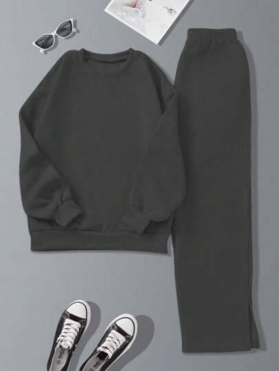 Lunelith SHEIN Lunessa 女性時尚純色長袖套頭衫和長褲套裝