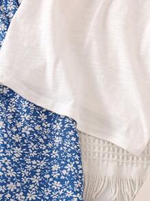 SHEIN LMoss Kids 年轻女孩针织纯色圆领休闲 T 恤搭配编织碎花印花细肩带连衣裙套装