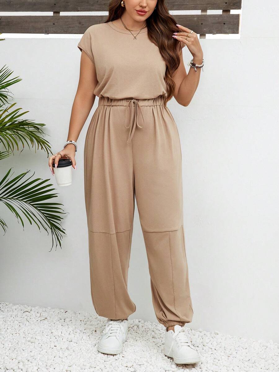 SHEIN LUNE Bộ áo liền quần màu trơn thường ngày mùa hè cỡ lớn với thiết kế khoét lưng, eo dây rút và đáy còng - Màu Khaki - Xem 1