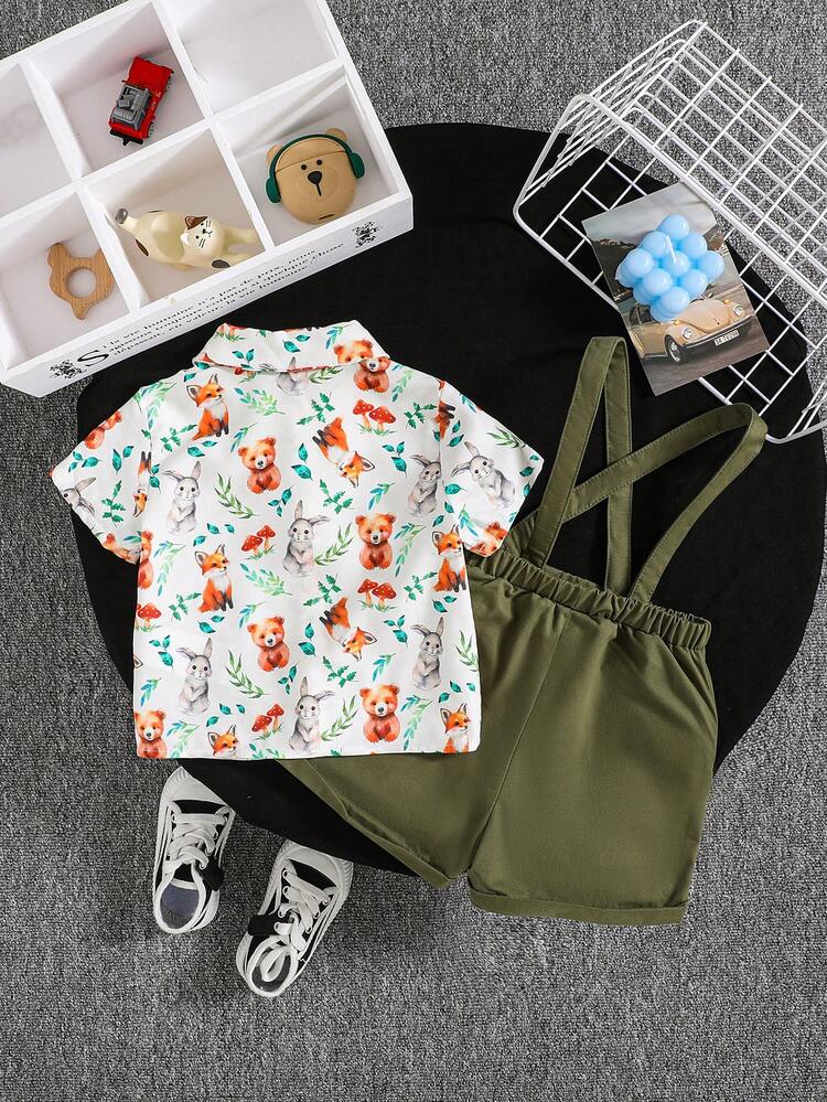 Baby Boy Easter Bunny Patterned Collared Shirt And Solid Color Overalls Shorts Set