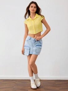 Forever 21 黃色夏季口袋短袖短襯衫 - 黃色 - 查看 2