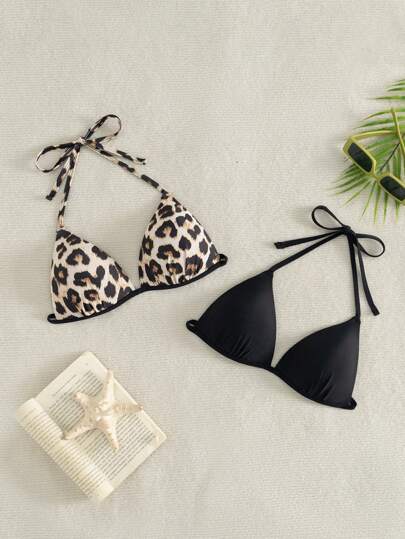 SHEIN Swim 2pcs Women Solid Color & Leopard Print Bikini Top, Vacation Beach Swimwear Leopard Print Bikini Sets Triangle Bikini Summer
