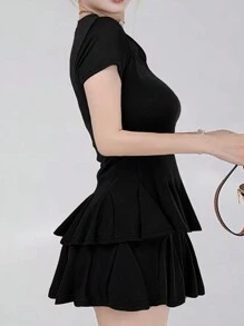 INAWLY Conjunto de dos piezas de unicolor para mujer de uso diario, elegante y sencillo - Negro - Ver 6