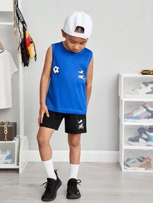 SHEIN Young Boy Football & Letter Printed Vest And Shorts 2pcs/Set - Blue - View 3