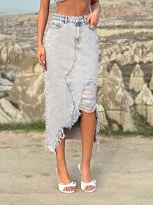 RueChic Rigid, Destroy Detailed Midi Skirt - Medium Wash - View 5