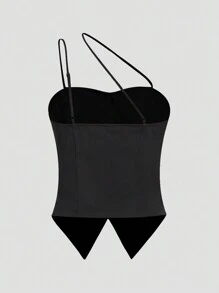 SHEIN Privé Conjunto de camisa de tirante con botón único para hombro descubierto y falda de burbujas de cintura alta sin mangas para mujeres, verano - Negro - Ver 4