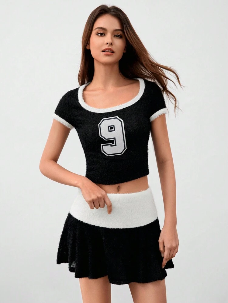 Faux Knitted Knit Short Sleeve Round Neck Slim Fit Letter Top With Contrast Fold Waistband Mini Skirt Set