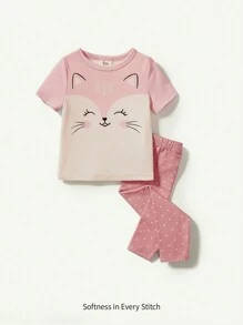 Cozy Pixies Baby Girl Snug Fit Pajamas Set With Cartoon Fox Printed Round Neck Long Sleeve Top And Footed Pants - Pink - View 1