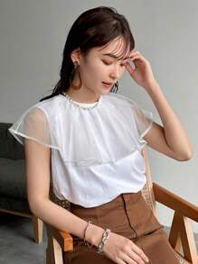 FRIFUL Camiseta de mujer de verano informal con empalme de malla de unicolor y volantes
