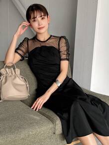 FRIFUL Đầm maxi dài tay phồng cổ tròn phối ren dành cho nữ, đầm maxi xuyên thấu. - màu đen - Xem 1